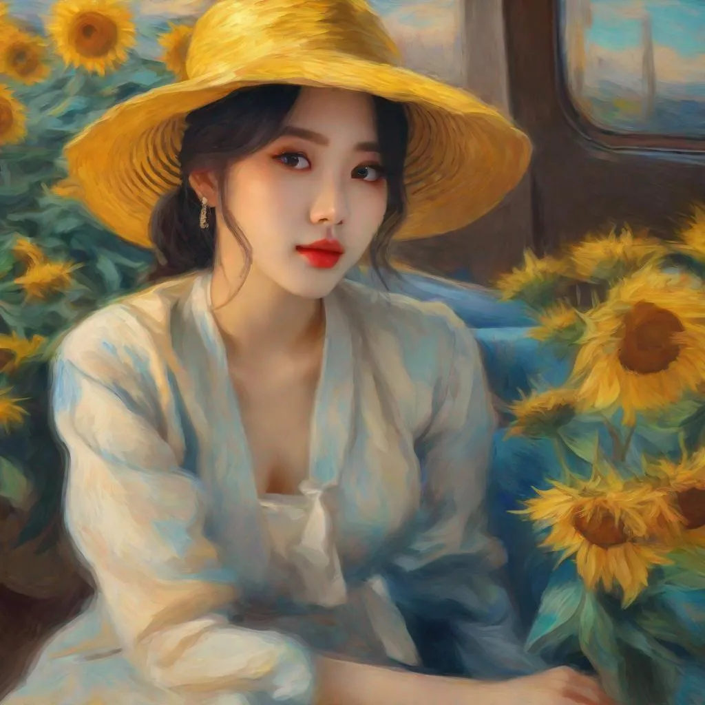 Prompt: Chaehyun painted in a van gogh art style, post-impressionism, impressionism, surrealism, naturalism, uhd, realistic, 4k, 8k