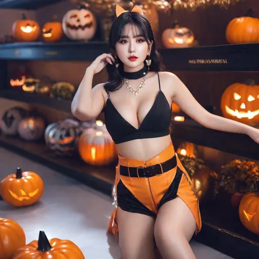 Prompt: eunha,  slim thick, thighs, uhd, realistic, 4k, 8k,  photoshoot, sensual, big chest, halloween outfit,   kpop