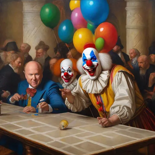 Prompt:  leonardo da vinci style painting, clown core,  theo von, corecore, shane gillis, louis ck, tucker carlson, joe biden, kevin hart