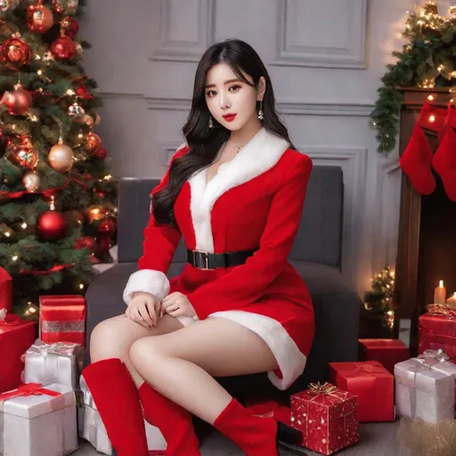 Prompt: Masterpiece, eunha, ulzzang, slim thick, big chest, soft visuals, uhd, realistic, 4k, 8k, photoshoot, extremely high definition, perfection, f cup, Calvin klein, christmas outfit