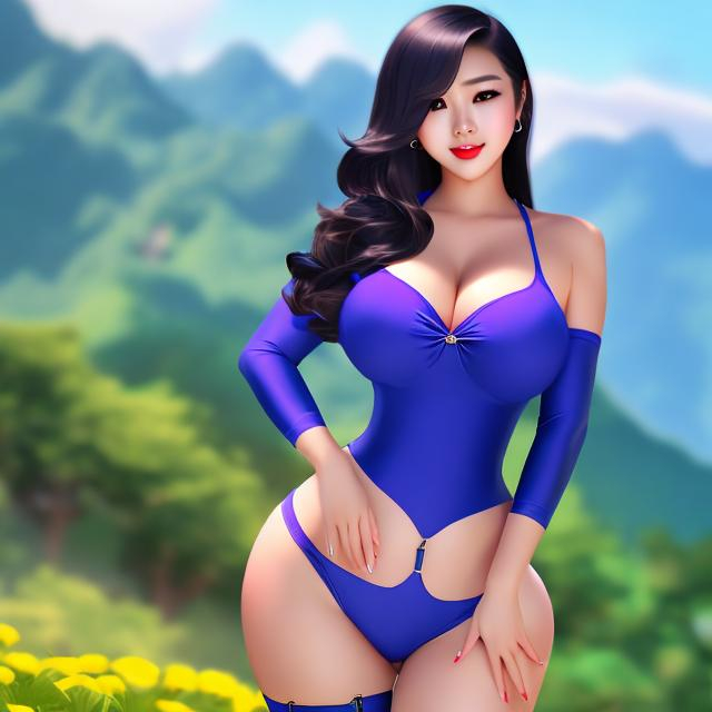 Prompt: Humble, Beautiful, Asian Queen,  Korean Woman, Big Chest, Stockings, scenic, dr eggman, big rump, curvy