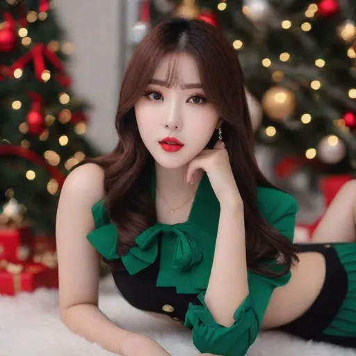 Prompt: Masterpiece, eunha, ulzzang, slim thick, big chest, soft visuals, uhd, realistic, 4k, 8k, photoshoot, extremely high definition, perfection, f cup, Calvin klein, christmas outfit