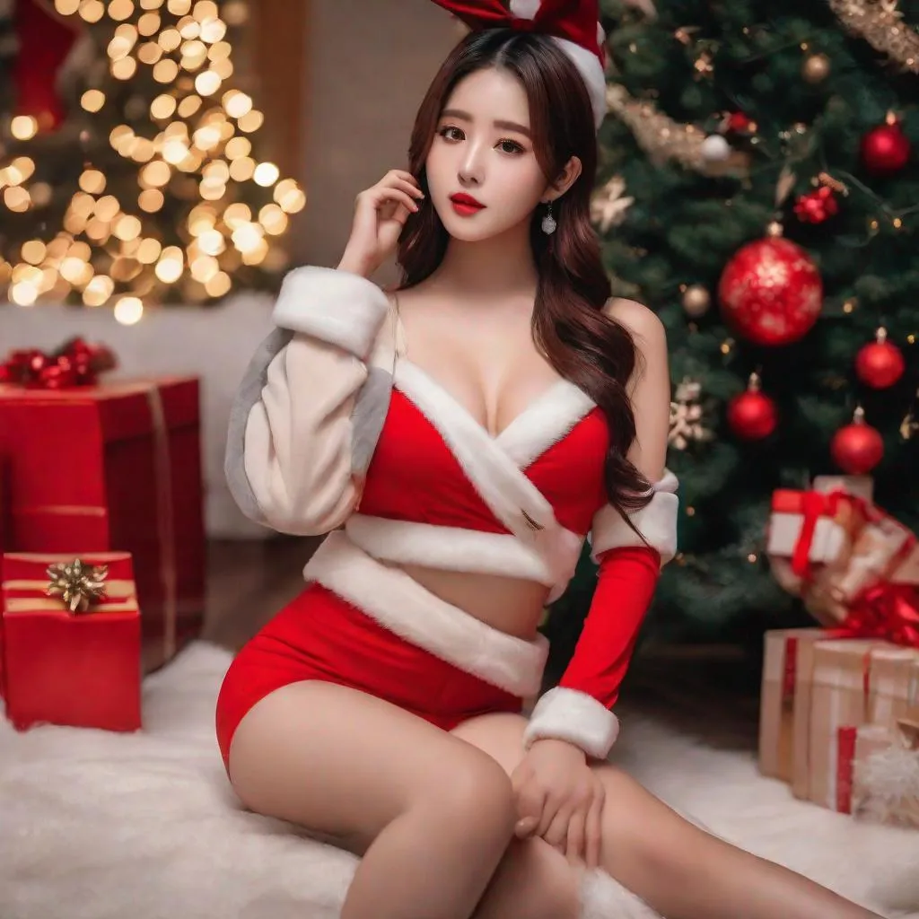 Prompt: Masterpiece, eunha, ulzzang, slim thick, big chest, soft visuals, uhd, realistic, 4k, 8k, photoshoot, extremely high definition, perfection, f cup, Calvin klein, christmas outfit