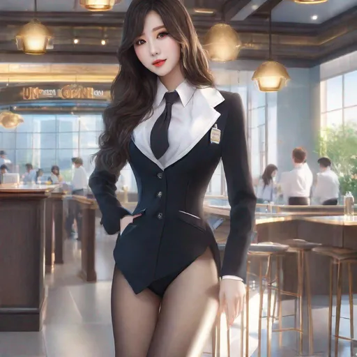 Prompt: Korean woman aged 23, ulzzang, stockings, big chest, slim thick, dolphin pants, sophisticated, lawyer, doctor, rich, classy, blouse, gravure, uhd, realistic, 4k, 8k, full body, ripe. mcdonald's type ad, femboy