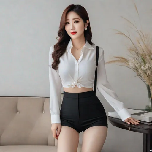 Prompt: Korean woman, ulzzang, stockings, big chest, slim thick, dolphin pants, sophisticated, lawyer, doctor, rich, classy, blouse, gravure, uhd, realistic, 4k, 8k, full body, photoshoot, tight shorts, tight pants, crop top, fit