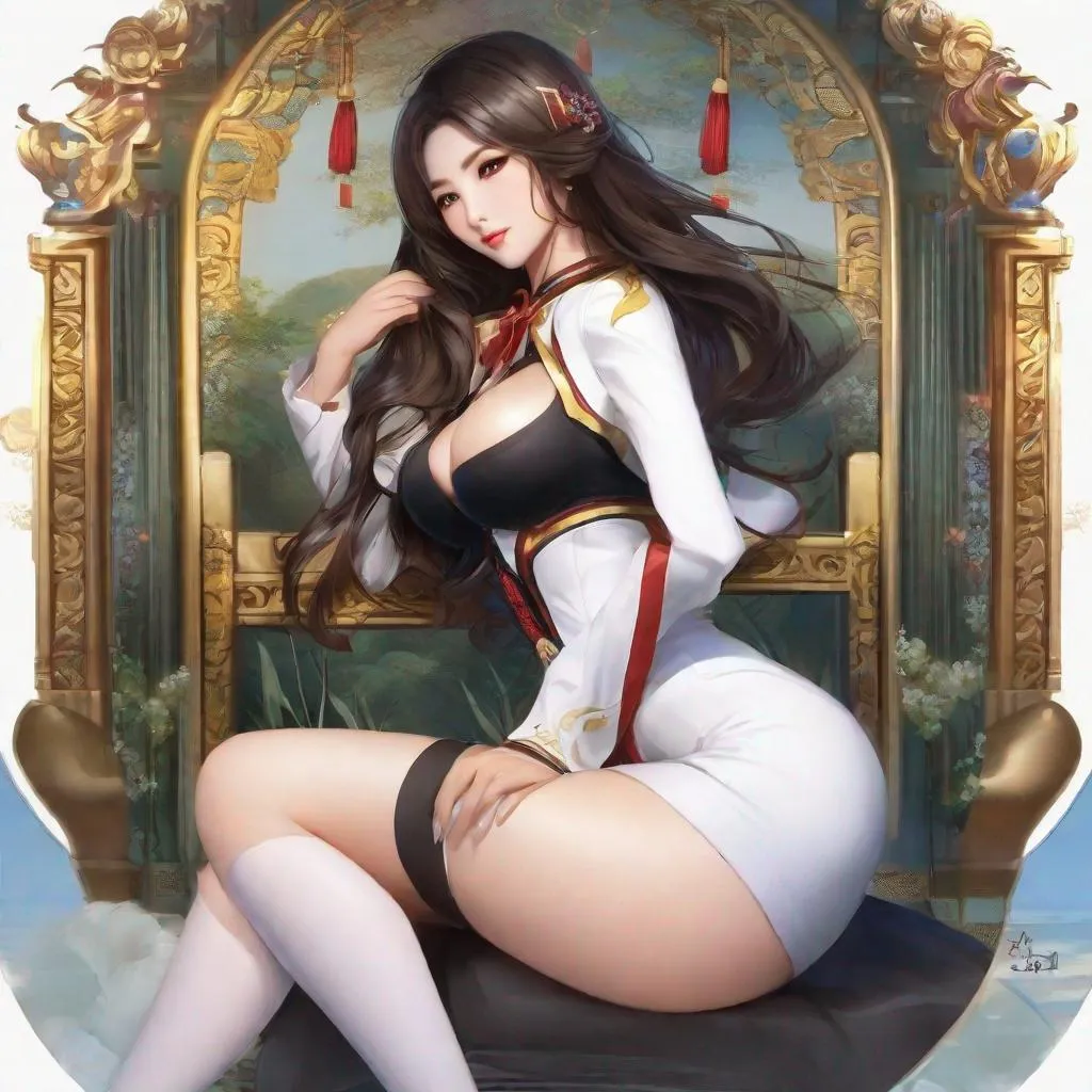 Prompt: Humble, Beautiful, Asian Queen,  Korean Woman, Big Chest, Stockings, scenic, dr eggman, big rump, curvy