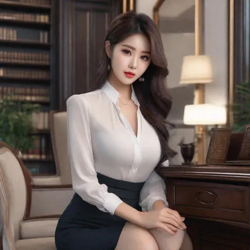 Prompt: Korean woman aged 23, ulzzang, stockings, big chest, slim thick, dolphin pants, sophisticated, lawyer, doctor, rich, classy, blouse, gravure, uhd, realistic, 4k, 8k, full body, ripe