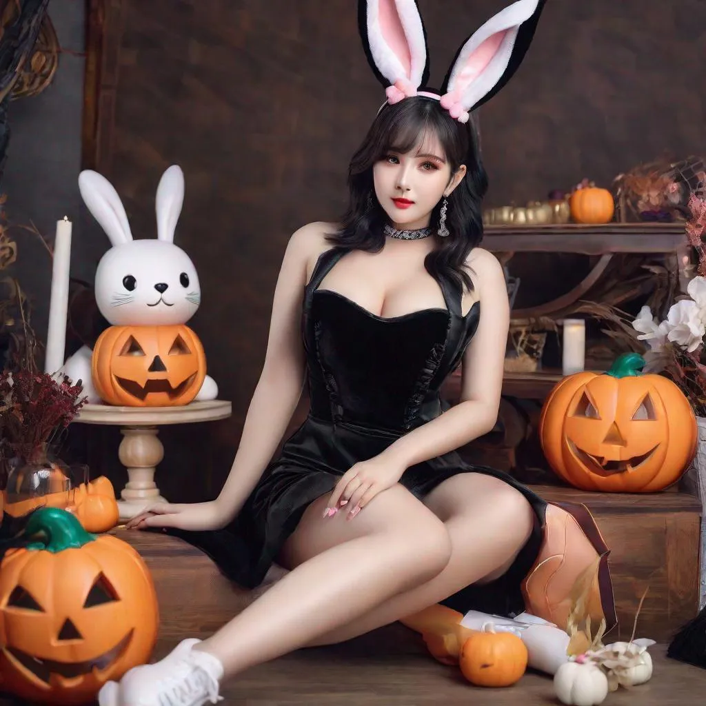 Prompt: eunha,  slim thick, thighs, uhd, realistic, 4k, 8k,  photoshoot, sensual, big chest, halloween outfit,  bunny outfit