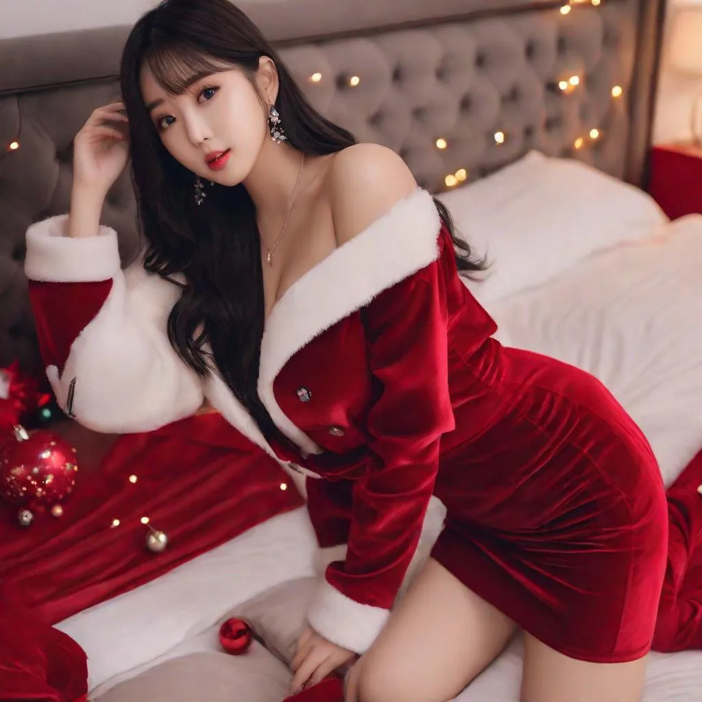 Prompt: Masterpiece, eunha, ulzzang, slim thick, big chest, soft visuals, uhd, realistic, 4k, 8k, photoshoot, extremely high definition, perfection, f cup, Calvin klein, christmas outfit, laying in bed