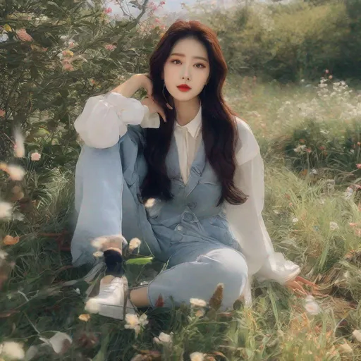 Prompt: My prompt> Masterpiece, Heejin,  slim thick,  soft visuals, uhd, realistic, 4k, 8k, photoshoot, extremely high definition, perfection, Jackson pollock type painting, scenic