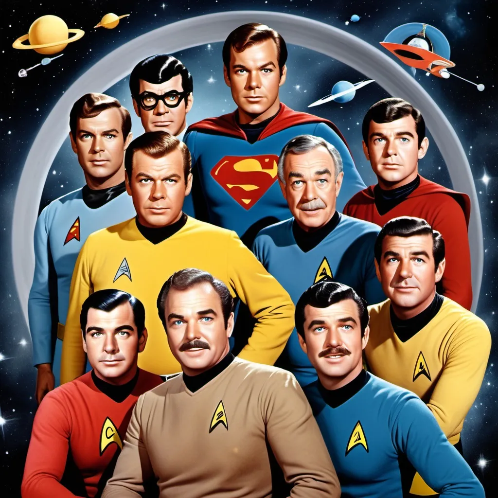 Prompt: put on a background of space the characters: captain kirk and spoke from star trek, and inspector clouseau, and ernie and bert from sesame street and add super man and clark kent and add Dr glen doniger