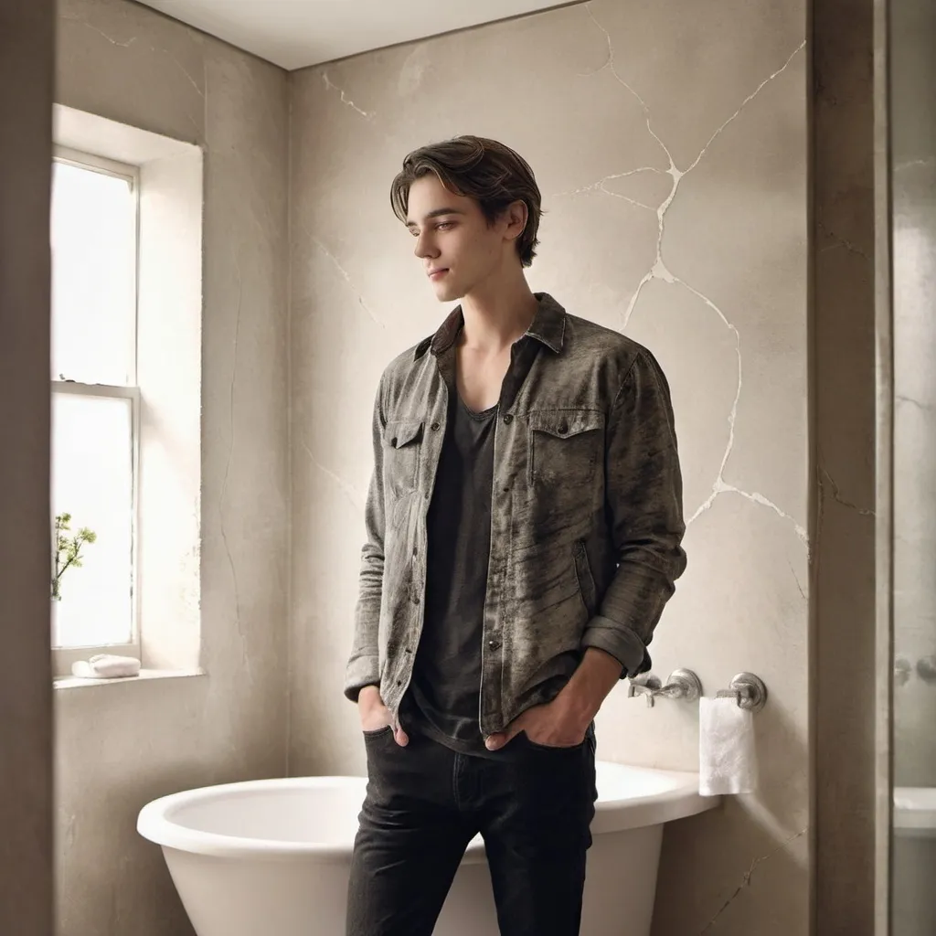 Prompt: In a softly lit bathroom, a young man stands confidently against a backdrop of pale stone-like walls adorned with a subtle pattern. He wears a dark shirt that contrasts with a stylish jacket, completing his look with a casual yet polished demeanor. His slight smile and relaxed posture suggest a moment of ease amid the room's functional decor, which includes a small shelf holding toiletries and a nearby window that offers a glimpse of muted light from outside. The overall atmosphere conveys a sense of personal space and intimate warmth, capturing a moment of individuality within a simple setting.