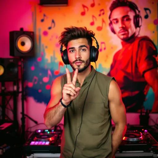 Prompt: In a vibrant music studio, a young man exudes confidence as he poses with two fingers held up in a peace sign, nestled amidst an array of DJ equipment. He sports a sleeveless olive green shirt and headphones that add to his musical persona, while a mural featuring another DJ in a red and black outfit adorns the wall behind him, accompanied by colorful musical notes that create an energetic atmosphere. The lighting is warm, casting gentle shadows that emphasize his focused expression, as the sleek, modern gear around him suggests he’s in the midst of a creative session. This scene captures the essence of youthful passion for music, blending artistry and technology in a lively, contemporary setting.