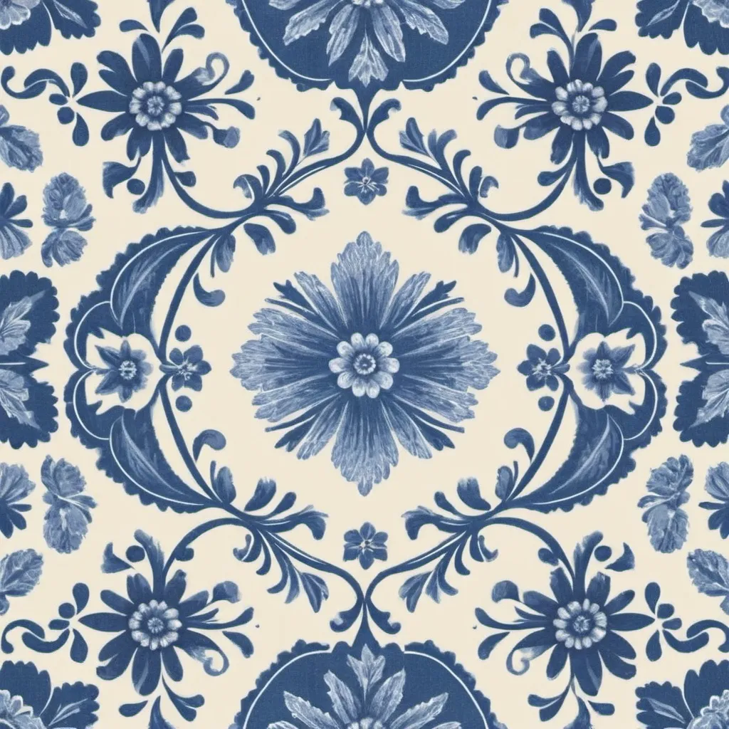 Prompt: Create a lithograph print style vintage looking fabric for seamless fabric printing. Inspired by 19th century american coverlet designs in blue and white, antique feel.