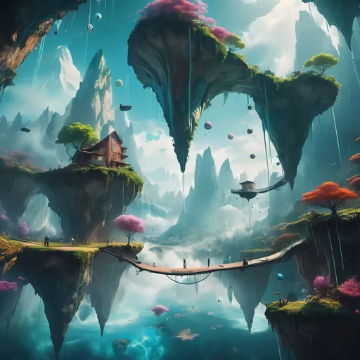 Prompt: Imagine an AI-generated artwork illustrating a surreal dreamscape where gravity doesn't exist. Picture a world where landscapes defy the laws of physics, where floating islands, upside-down forests, and levitating waterfalls form a mesmerizing panorama. Create a scene where inhabitants navigate this whimsical realm, adapting effortlessly to the absence of gravity, showcasing their unique ways of existence. Use a blend of vibrant hues, surreal imagery, and intricate details to evoke a sense of wonder and curiosity in this gravity-defying universe.