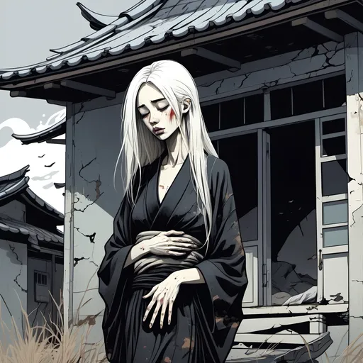 Prompt: illustration,comic style,a sleeping skinny thin sick woman,shabby black kimono,white long hair,dilapidated house