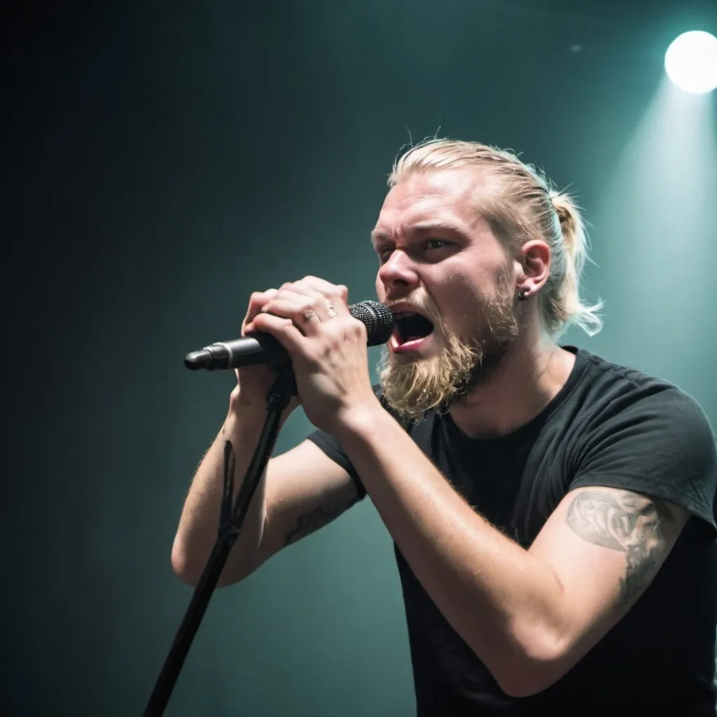 Prompt: Danish hardcore genre, with a little bit of style of viking band. The singer is visible on stage from close, the band is behind the singer
