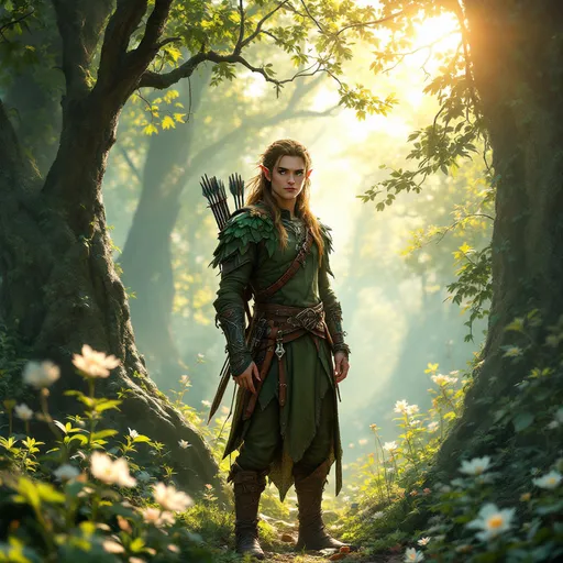 Prompt: Elf ranger in a mystical forest around sunlight