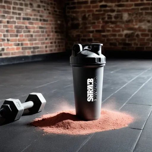 Prompt: A drink a preworkout being made in a shaker in a gym with bricks as walls. With powder on the image 
The shaker in simple, with nothing written 