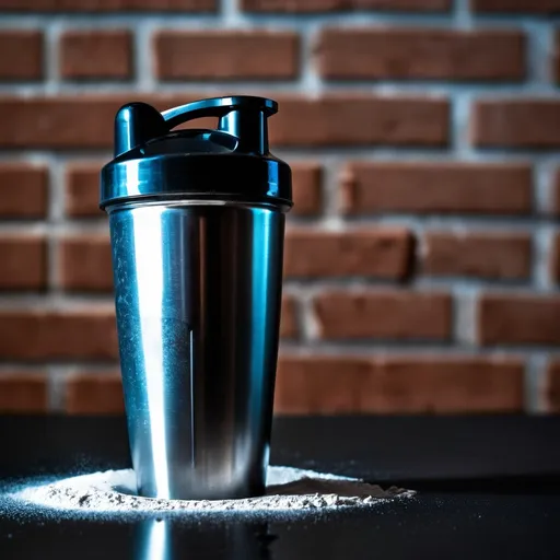 Prompt: A drink a preworkout being made in a shaker in a gym with bricks as walls. With powder on the image 
The shaker in simple, with nothing written 