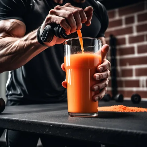 Prompt: Preworkout drink being made by someone for a training in a gym without showing the brand
background with bricks on the wall 