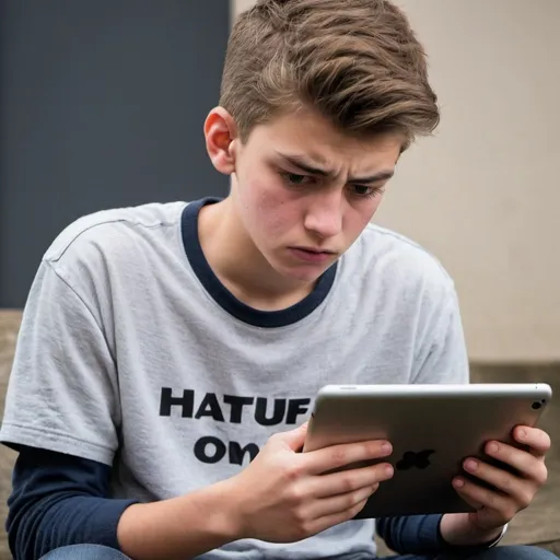 Prompt: Photograph of a teenager looking at hateful mean message on his iPad