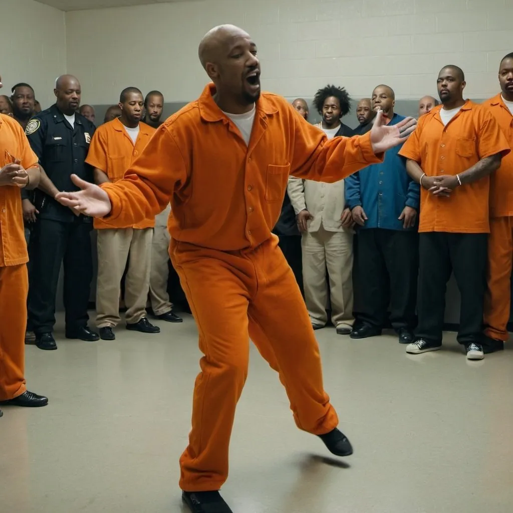 Prompt: Jail inmates wearing orange jumpsuits participating in an open mic night and break dancing in prison as officers and clergy audience applauds