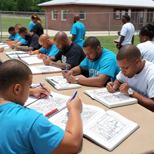 Prompt: Jail inmates coloring on coloring books and journaling in Diaries during recreation in the yard