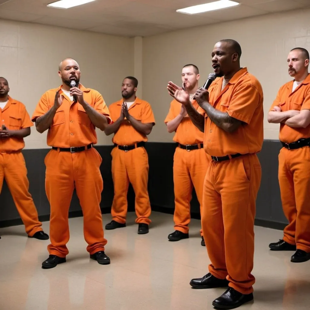 Prompt: Jail inmates wearing orange jumpsuits participating in an open mic night in prison wow officers applaud