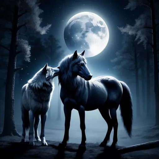 Prompt: a horse and a wolf with a full moon