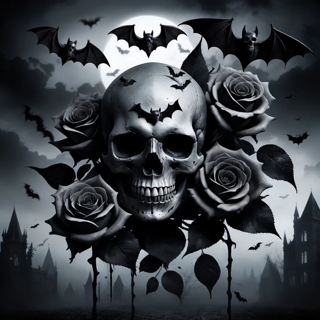 Prompt: skulls with black roses and bats