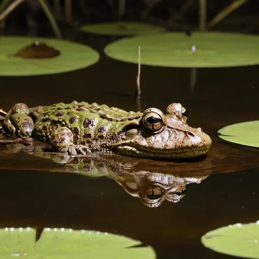 Prompt: A crocodile frog seen in the swamp floating 