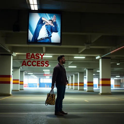 Prompt: An movie poster with the movie title Easy access with side of a man holding a bag 
Inside of a parking garage