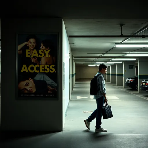 Prompt: An movie poster with the movie title Easy access with side of a man holding a bag 
Inside of a parking garage