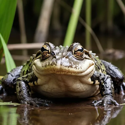 Prompt: A crocodile frog seen in the swamp attacking hunters and fisherman