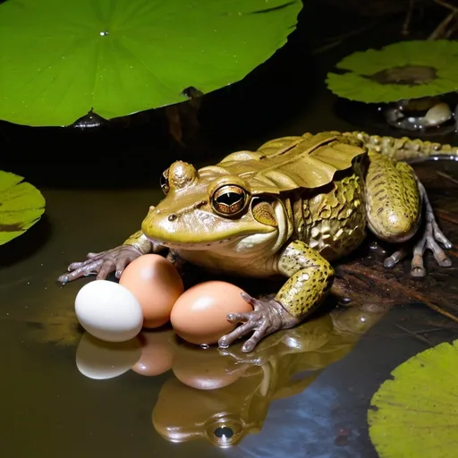 Prompt: A crocodile frog seen in the swamp floating with eggs laying around 