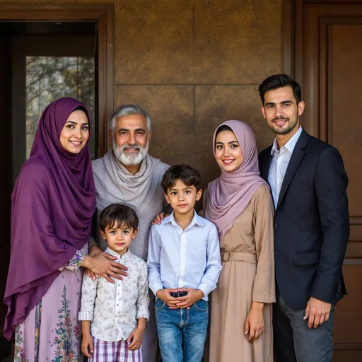Prompt: Me, my wife wearing a hijab, my daughter wearing a hijab and her husband and their son, my son who studies medicine, my daughter wearing a white shirt, and my son wearing a suit and a white shirt – meaning 8 people 