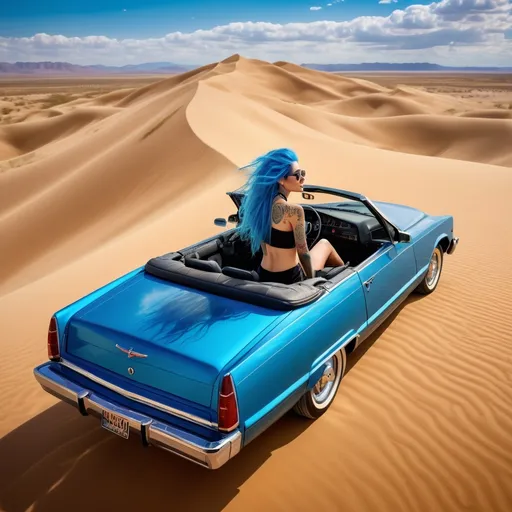 Prompt: (beautiful woman), long messy blue hair, intricate geometric tattoos, riding a convertible low rider, vast desert landscape, golden sand dunes, bright blue sky with fluffy clouds, warm ambiance, feeling of freedom, sun casting dramatic shadows, high-resolution, ultra-detailed, cinematic composition, vibrant colors, sense of adventure, solitude.