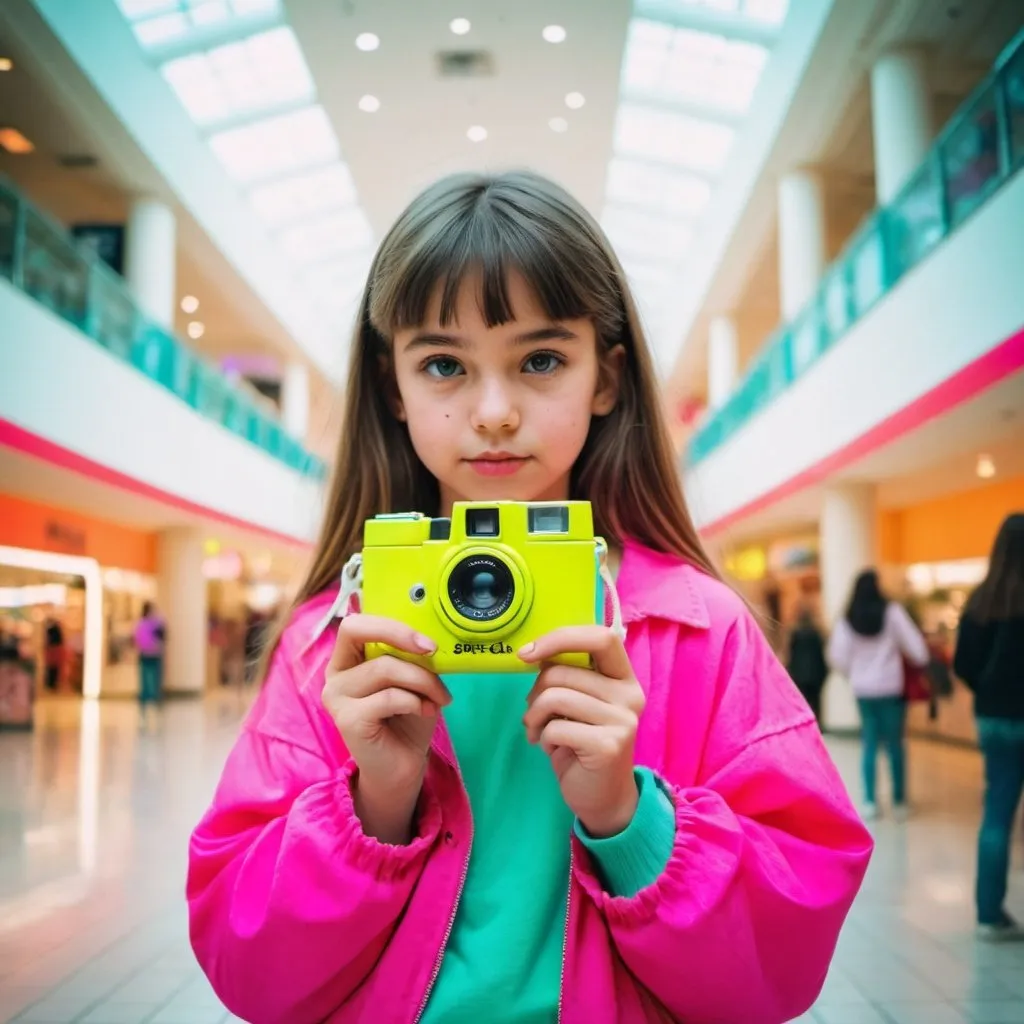 Prompt: Young girl holding a disposable film camera wearing bright neon colored clothes from the 90’s, with the inside of a shopping mall in the background 