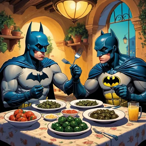 Prompt: (batman and mbappe
) eating dolma, (playful scene), vibrant colors, whimsical atmosphere, detailed expressions, ultra-detailed, comic book style, humorous twist, (high resolution), heartwarming visual, including a table set with a Mediterranean feast, warm lighting, inviting ambiance, character immersed in joy, intriguing background.