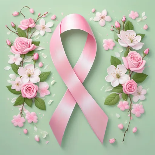 Prompt: A large pink ribbon intertwined with blooming flowers (roses and cherry blossoms) to symbolize hope, renewal, and life. The background is soft pastel with delicate petals falling in the air. The color palette is predominantly pink with white and soft green accents.