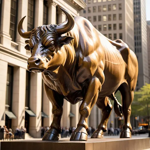 Prompt: Realistic bronze sculpture of the Wall Street Bull, golden sunlight casting warm shadows, detailed muscle definition, intricate texture of bronze, high quality, realistic, warm tones, sunlight casting dramatic shadows, detailed horn curvature, professional sculpture, iconic symbol, financial district, powerful stance, impressive size, urban landscape