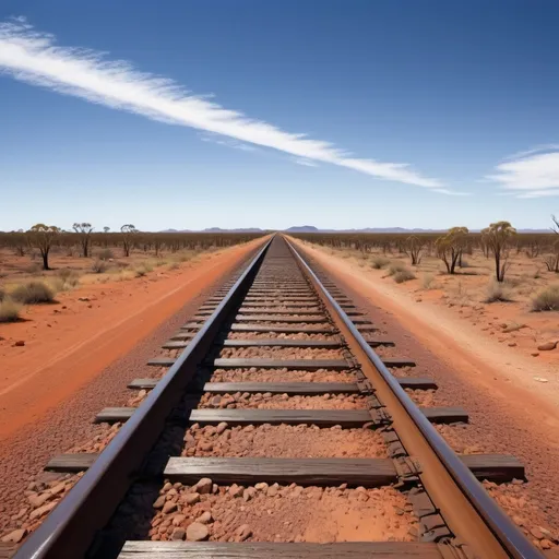 Prompt: Linear perspective of a railway track running into the distance of the Central Australian outback, dramatic landscape, vibrant earth tones, rich reds, burnt oranges, arid setting, clear blue sky, expansive horizon, dry vegetation, high contrast lighting, cinematic masterpiece, sense of endless journey, vast open space, peaceful yet majestic atmosphere, ultra-detailed, 4K quality, visually stunning, masterful depiction.