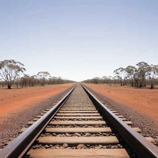 Prompt: linear perspective of a railway track running into the distance of the Australian outback