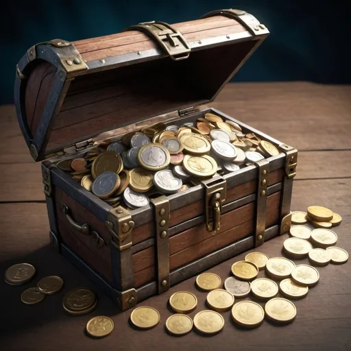Prompt: A treasure chest overflowing with coins and tokens, with a parachute attached (signifying the airdrop)