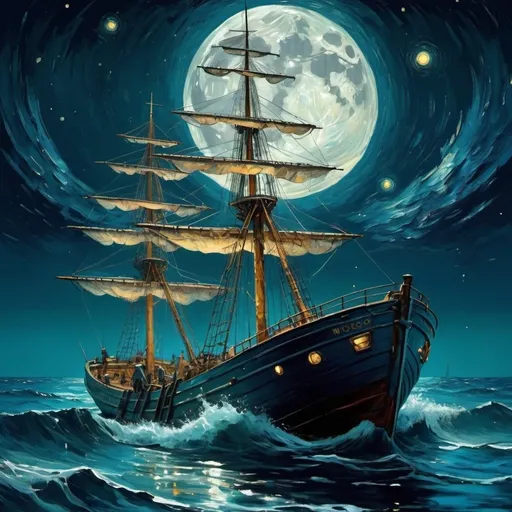 Prompt: paint a picture like van gogh but in the backround faint glimmers wall of futuristic technology. scattered in a night ocean with the moon reflecting on the surface. it can be horror themed and maximize resolution. Put a robot italian sailer on a row boat somewhere in the ocean.