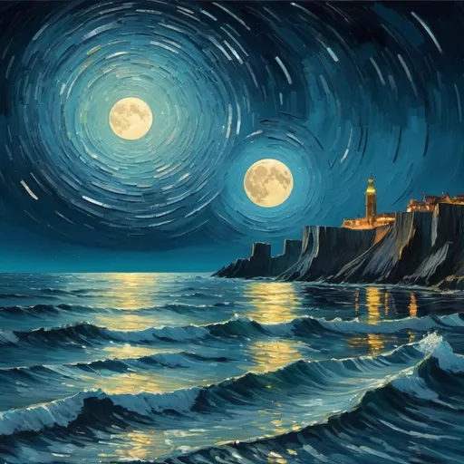 Prompt: paint a picture like van gogh but it is a wall of futuristic technology scattered in a night ocean with the moon reflecting on the surface and in the sky