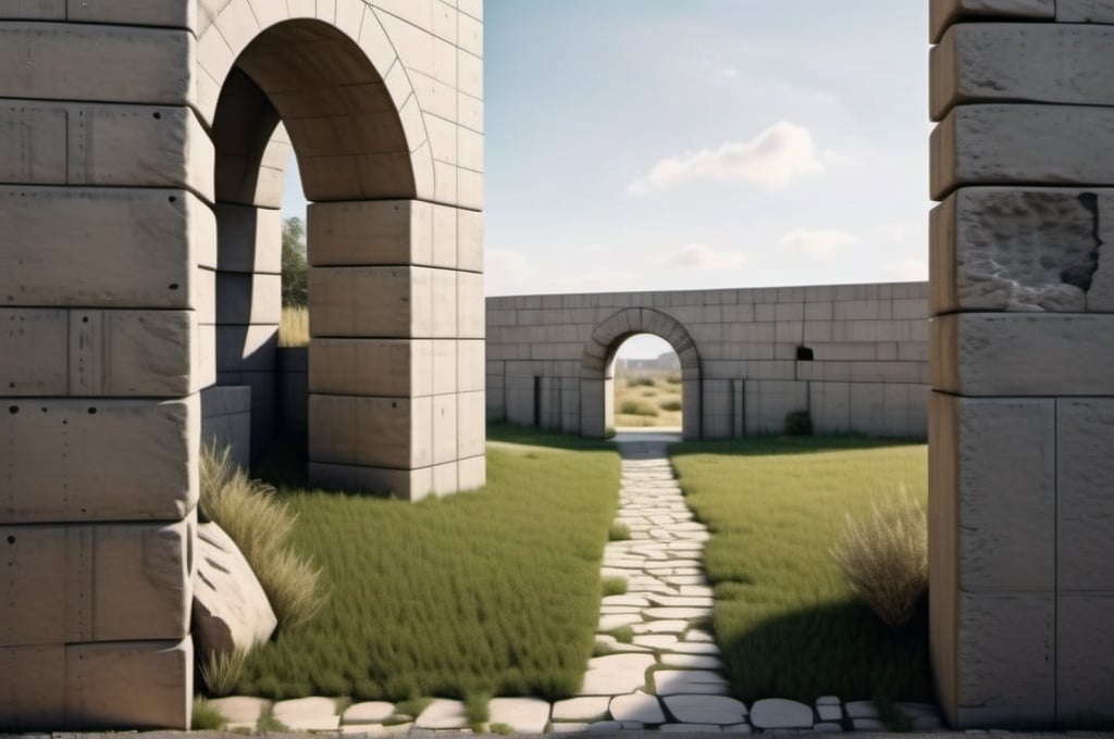 Prompt: Behind the back corner of a single concrete building to the left, a stone path leads through a single arch in the center, photo, realistic, landscape, far, distant perpective