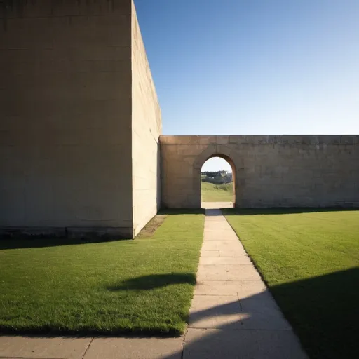 Prompt: Walkway, building, arch, wall, grass, far, distant