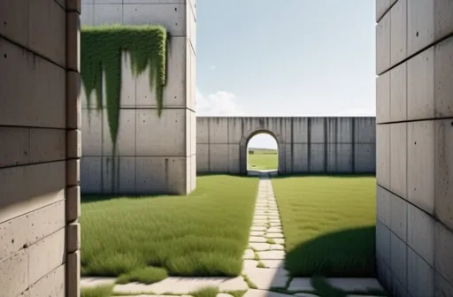 Prompt: Behind the back corner of a single concrete building to the left, a stone path leads through a single arch in the center, short green grass, photo, realistic, landscape, far, distant perpective